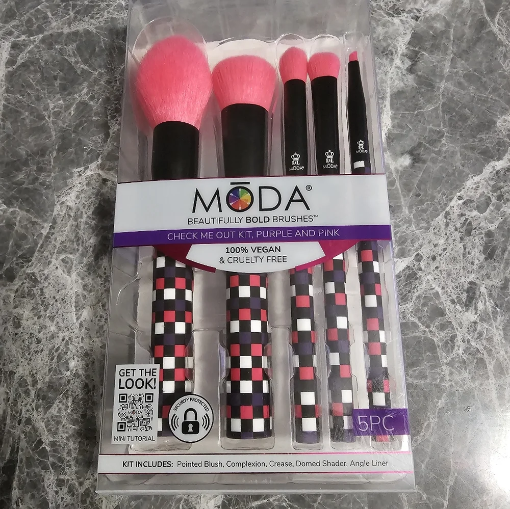 MODA Beautifully Bold 5pc Makeup Brush Kit - Purple & Pink Checkered
